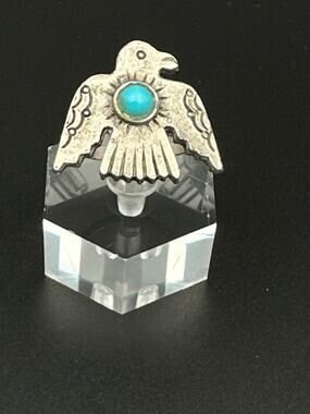 Vintage Navajo Silver Thunderbird Ring, Size 8, Turquoise